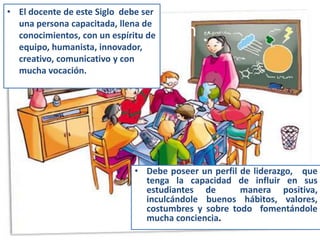 • El docente de este Siglo debe ser
una persona capacitada, llena de
conocimientos, con un espíritu de
equipo, humanista, innovador,
creativo, comunicativo y con
mucha vocación.

Reflexión

• Debe poseer un perfil de liderazgo, que
tenga la capacidad de influir en sus
estudiantes de
manera positiva,
inculcándole buenos hábitos, valores,
costumbres y sobre todo fomentándole
mucha conciencia.

 