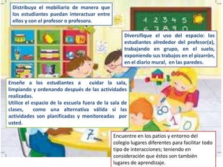 Distribuya el mobiliario de manera que
los estudiantes puedan interactuar entre
ellos y con el profesor o profesora.

Diversifique el uso del espacio: los
estudiantes alrededor del profesor(a),
trabajando en grupo, en el suelo,
exponiendo sus trabajos en el pizarrón,
en el diario mural, en las paredes.

Enseñe a los estudiantes a
cuidar la sala,
limpiando y ordenando después de las actividades
realizadas.
Utilice el espacio de la escuela fuera de la sala de
clases,
como una alternativa válida si las
actividades son planificadas y monitoreadas por
usted.
Encuentre en los patios y entorno del
colegio lugares diferentes para facilitar todo
tipo de interacciones; teniendo en
consideración que éstos son también
lugares de aprendizaje.

 