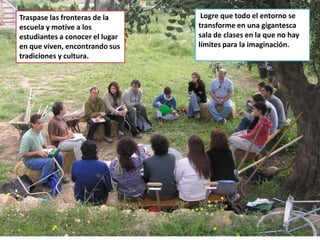 Traspase las fronteras de la
escuela y motive a los
estudiantes a conocer el lugar
en que viven, encontrando sus
tradiciones y cultura.

Logre que todo el entorno se
transforme en una gigantesca
sala de clases en la que no hay
límites para la imaginación.

 