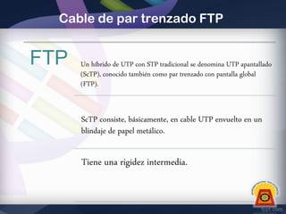 Cable de par trenzado FTP

FTP

Un híbrido de UTP con STP tradicional se denomina UTP apantallado
(ScTP), conocido también como par trenzado con pantalla global
(FTP).

ScTP consiste, básicamente, en cable UTP envuelto en un
blindaje de papel metálico.

Tiene una rigidez intermedia.

 