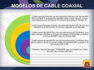 MODELOS DE CABLE COAXIAL
* Cable estándar Ethernet, de tipo especial conforme a las normas IEEE
802.3 10 BASE 5. Se denomina también cable coaxial "grueso", y tiene
una impedancia de 50 Ohmios. El conector que utiliza es del tipo "N".
* Cable coaxial Ethernet delgado, denominado también RG 58, con una
impedancia de 50 Ohmios. El conector utilizado es del tipo BNC.
* Cable coaxial del tipo RG 62, con una impedancia de 93 Ohmios. Es el
cable estándar utilizado en la gama de equipos 3270 de IBM, y también
en la red ARCNET. Usa un conector BNC.
*Cable coaxial del tipo RG 59, con una impedancia de 75 Ohmios. Este
tipo de cable lo utiliza, en versión doble, la red WANGNET, y dispone de
conectores DNC y TNC.
*También están los llamados "TWINAXIAL" que en realidad son 2 hilos
de cobre por un solo conducto.

 