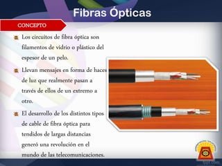 Fibras Ópticas
CONCEPTO

Los circuitos de fibra óptica son
filamentos de vidrio o plástico del
espesor de un pelo.
Llevan mensajes en forma de haces
de luz que realmente pasan a
través de ellos de un extremo a
otro.
El desarrollo de los distintos tipos
de cable de fibra óptica para
tendidos de largas distancias
generó una revolución en el
mundo de las telecomunicaciones.

 