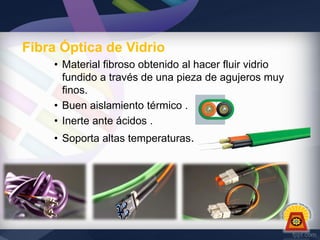 Fibra Óptica de Vidrio
• Material fibroso obtenido al hacer fluir vidrio
fundido a través de una pieza de agujeros muy
finos.
• Buen aislamiento térmico .
• Inerte ante ácidos .
• Soporta altas temperaturas.

 