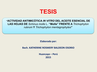 TESIS
Elaborado por:
Bach. KATHERINE ROSMERY BALDEON OSORIO
Huancayo – Perú
2015
“ACTIVIDAD ANTIMICÓTICA IN VITRO DEL ACEITE ESENCIAL DE
LAS HOJAS DE Schinus molle L. “Molle” FRENTE A Trichophyton
rubrum Y Trichophyton mentagrophytes”
 