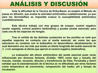 Ante la dificultad de la Técnica de Kirby-Bauer, se empleó el Método de
pozos en difusión, que evalúa la actividad antimicótica cualitativamente, ya que
para los dermatofitos es imposible evaluar la susceptibilidad antimicótica
cuantitativamente.
Esta técnica trabajó con tres grupos de ensayo: control negativo
(aceite vegetal), control positivo (terbinafina) y prueba (aceite esencial); para
cada una de las especies de hongos.
Tras el vertido de las distintas sustancias en los pocillos se notó que
aquellas especies en contacto con el aceite esencial, así como las que
estuvieron en contacto con la terbinafina no desarrollaron absolutamente; lo
cual demostró una vez más que existe un efecto fungicida del aceite esencial de
S. molle semejante al efecto que ejerció el control negativo (terbinafina).
La evaluación del efecto antimicótico del aceite esencial pudo verse
influenciada por diversos factores, (Colella, 1997) como tipo y tamaño del
inoculo, manejo, recuento, dilución y transferencia de hifas. Fernández y Gehrt
señalan que la estandarización de la técnica se ve dificultada por otros factores
como temperatura de crecimiento, composición del medio, pH y tiempo de
incubación.
ANÁLISIS Y DISCUSIÓN
 