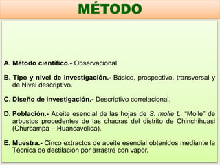 A. Método científico.- Observacional
B. Tipo y nivel de investigación.- Básico, prospectivo, transversal y
de Nivel descriptivo.
C. Diseño de investigación.- Descriptivo correlacional.
D. Población.- Aceite esencial de las hojas de S. molle L. “Molle” de
arbustos procedentes de las chacras del distrito de Chinchihuasi
(Churcampa – Huancavelica).
E. Muestra.- Cinco extractos de aceite esencial obtenidos mediante la
Técnica de destilación por arrastre con vapor.
MÉTODO
 