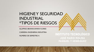 HIGIENEY SEGURIDAD
INDUSTRIAL
*TIPOS DE RIESGOS
ALUMNO: BRAYAN AMAYA FLORES
CARRERA: INGENIERIA INDUSTRIA
NUMERO DE SEMESTRE: 4:
 