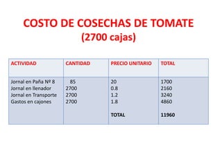 COSTO DE COSECHAS DE TOMATE
                              (2700 cajas)

ACTIVIDAD              CANTIDAD     PRECIO UNITARIO   TOTAL


Jornal en Paña Nº 8      85         20                1700
Jornal en llenador     2700         0.8               2160
Jornal en Transporte   2700         1.2               3240
Gastos en cajones      2700         1.8               4860

                                    TOTAL             11960
 