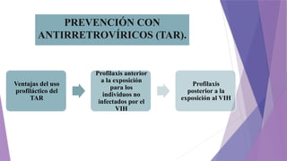 PREVENCIÓN CON
ANTIRRETROVÍRICOS (TAR).
Ventajas del uso
profiláctico del
TAR
Profilaxis anterior
a la exposición
para los
individuos no
infectados por el
VIH
Profilaxis
posterior a la
exposición al VIH
 