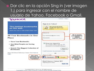  Dar clic en la opción Sing in (ver imagen
1.) para ingresar con el nombre de
usuario de Yahoo, Facebook o Gmail.
 