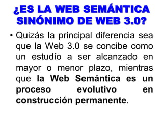 ¿CÓMO SE CARACTERIZA Y DIFERENCIA LA WEB 3.0 DE LA WEB 1.0 Y DE LA WEB 2.0?Web 1.0 - Personas conectándose a la WebWeb 2.0 - Personas conectándose a personas - redes sociales, wikis, colaboración, posibilidad de compartir.Web 3.0 - Aplicaciones web conectándose a aplicaciones web, a fin de enriquecer la experiencia de las personas, a esto agrega: estado de conciencia del contexto en la Web Geoespacial, autonomía respecto del navegador y construcción de la Web Semántica.