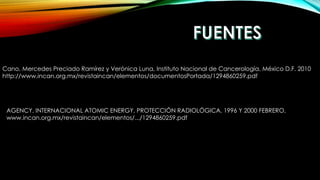 Cano, Mercedes Preciado Ramírez y Verónica Luna, Instituto Nacional de Cancerología, México D.F. 2010
http://www.incan.org.mx/revistaincan/elementos/documentosPortada/1294860259.pdf
AGENCY, INTERNACIONAL ATOMIC ENERGY, PROTECCIÓN RADIOLÓGICA, 1996 Y 2000 FEBRERO,
www.incan.org.mx/revistaincan/elementos/.../1294860259.pdf
 