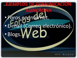 EJEMPLOS DE COMUNICACIÓN ASINCRONAForos en internet.E-mail (Correo electrónico).Blogs.