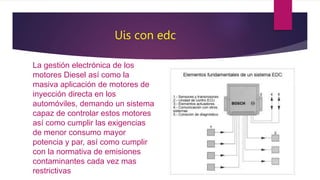 Uis con edc
La gestión electrónica de los
motores Diesel así como la
masiva aplicación de motores de
inyección directa en los
automóviles, demando un sistema
capaz de controlar estos motores
así como cumplir las exigencias
de menor consumo mayor
potencia y par, así como cumplir
con la normativa de emisiones
contaminantes cada vez mas
restrictivas
 