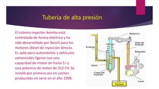 Tubería de alta presión
El sistema inyector-bomba está
controlado de forma eléctrica y ha
sido desarrollado por Bosch para los
motores diésel de inyección directa.
Es apto para automóviles y vehículos
comerciales ligeros con una
capacidad de motor de hasta 5 l y
una potencia de motor de 312 CV. Se
instaló por primera vez en coches
producidos en serie en el año 1998.
 