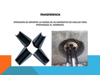TRANSFERENCIA

OPERACIÓN DE IMPARTIR LA FUERZA DE UN DISPOSITIVO DE ANCLAJE PARA
                   PRETENSADO AL HORMIGÓN.
 