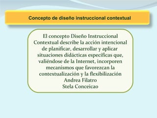 Concepto de diseño instruccional contextual


      El concepto Diseño Instruccional
  Contextual describe la acción intencional
     de planificar, desarrollar y aplicar
   situaciones didácticas específicas que,
    valiéndose de la Internet, incorporen
        mecanismos que favorezcan la
    contextualización y la flexibilización
                Andrea Filatro
               Stela Conceicao
 