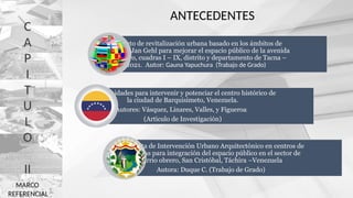 C
A
P
I
T
U
L
O
II
ANTECEDENTES
Proyecto de revitalización urbana basado en los ámbitos de
acción de Jan Gehl para mejorar el espacio público de la avenida
2 de mayo, cuadras I – IX, distrito y departamento de Tacna –
2021. Autor: Gauna Yapuchura (Trabajo de Grado)
Oportunidades para intervenir y potenciar el centro histórico de
la ciudad de Barquisimeto, Venezuela.
Autores: Vásquez, Linares, Valles, y Figueroa
(Articulo de Investigación)
Propuesta de Intervención Urbano Arquitectónico en centros de
manzanas para integración del espacio público en el sector de
barrio obrero, San Cristóbal, Táchira –Venezuela
Autora: Duque C. (Trabajo de Grado)
MARCO
REFERENCIAL
 