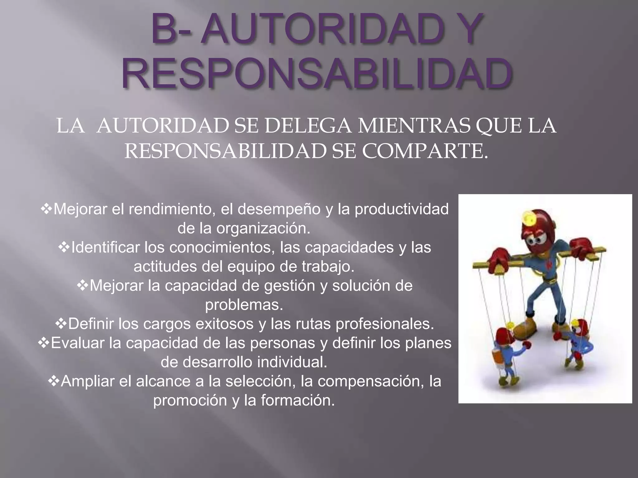 B- AUTORIDAD Y
           RESPONSABILIDAD
  LA AUTORIDAD SE DELEGA MIENTRAS QUE LA
       RESPONSABILIDAD SE COMPARTE.

Mejorar el rendimiento, el desempeño y la productividad
                    de la organización.
  Identificar los conocimientos, las capacidades y las
             actitudes del equipo de trabajo.
    Mejorar la capacidad de gestión y solución de
                        problemas.
  Definir los cargos exitosos y las rutas profesionales.
Evaluar la capacidad de las personas y definir los planes
                  de desarrollo individual.
 Ampliar el alcance a la selección, la compensación, la
                 promoción y la formación.
 