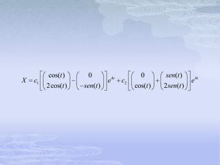 cos(t )     0            4t          0       sen(t )
X   c1                        e        c2                        e 4t
         2cos(t )   sen(t )                 cos(t )   2sen(t )
 