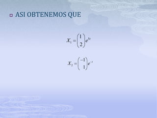    ASI OBTENEMOS QUE


                      1
                 X1           e5 t
                      2

                          1          t
                 X2            e
                          1
 