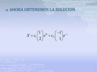    AHORA OBTENEMOS LA SOLUCION




                    1   5t        1       t
           X   c1       e    c2       e
                    2             1
 