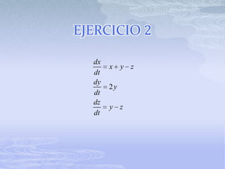 EJERCICIO 2

  dx
       x    y z
  dt
  dy
       2y
  dt
  dz
       y z
  dt
 