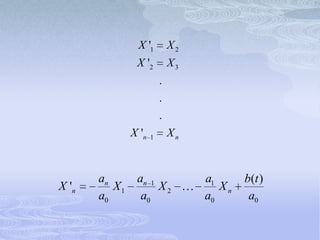 X '1          X2
                X '2          X3
                          .
                          .
                          .
               X 'n   1       Xn


       an       an 1               a1      b(t )
X 'n      X1         X2               Xn
       a0        a0                a0       a0
 