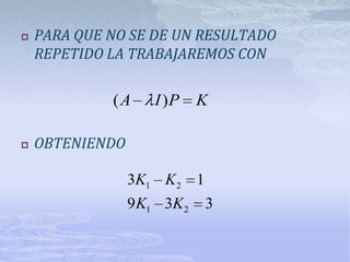    PARA QUE NO SE DE UN RESULTADO
    REPETIDO LA TRABAJAREMOS CON

             (A      I )P    K

   OBTENIENDO

                 3K1 K 2 1
                 9 K1 3K 2   3
 