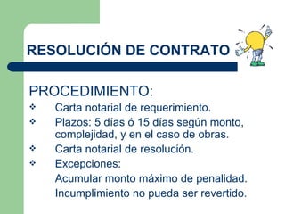 RESOLUCIÓN DE CONTRATO PROCEDIMIENTO: Carta notarial de requerimiento. Plazos: 5 días ó 15 días según monto, complejidad, y en el caso de obras. Carta notarial de resolución. Excepciones: Acumular monto máximo de penalidad. Incumplimiento no pueda ser revertido. 