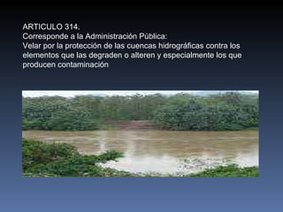 ARTICULO 314. Corresponde a la Administración Pública: Velar por la protección de las cuencas hidrográficas contra los elementos que las degraden o alteren y especialmente los que producen contaminación   