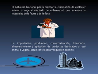 El Gobierno Nacional podrá ordenar la eliminación de cualquier animal o vegetal afectado de enfermedad que amenace la integridad de la fauna o de la flora. La importación, producción, comercialización, transporte, almacenamiento y aplicación de productos destinados al uso animal o vegetal serán controlados y requieren permiso. 