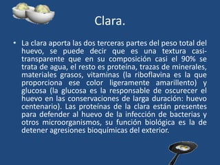 Clara.
• La clara aporta las dos terceras partes del peso total del
huevo, se puede decir que es una textura casi-
transparente que en su composición casi el 90% se
trata de agua, el resto es proteína, trazas de minerales,
materiales grasos, vitaminas (la riboflavina es la que
proporciona ese color ligeramente amarillento) y
glucosa (la glucosa es la responsable de oscurecer el
huevo en las conservaciones de larga duración: huevo
centenario). Las proteínas de la clara están presentes
para defender al huevo de la infección de bacterias y
otros microorganismos, su función biológica es la de
detener agresiones bioquímicas del exterior.
 
