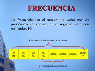 La frecuencia son el número de variaciones de 
presión que se producen en un segundo. Se miden 
en hercios, Hz. 
Frecuencias audibles por el oído humano 
Frecuencias de conversación 
 