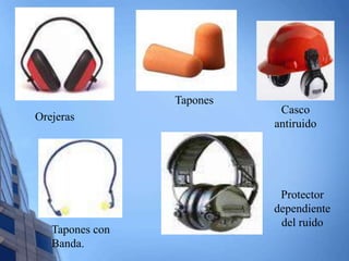 Protector 
dependiente 
del ruido 
Tapones con 
Banda. 
Casco 
antiruido 
Tapones 
Orejeras 
 