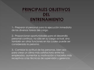 1.- Preparar al personal para la ejecución inmediata 
de las diversas tareas del cargo. 
2.- Proporcionar oportunidades para el desarrollo 
personal continuo, no sólo en su cargo actual, sino 
también en otras funciones en las cuales puede ser 
considerada la persona. 
3.- Cambiar la actitud de las personas, bien sea 
para crear un clima más satisfactorio entre los 
empleados, aumentar su motivación o hacerlos más 
receptivos a las técnicas de supervisión y gerencia. 
 