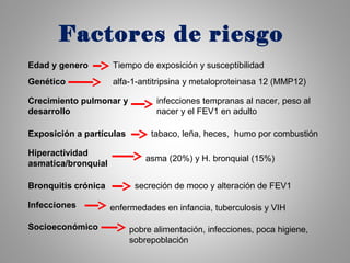 Factores de riesgo
Edad y genero
Genético
Crecimiento pulmonar y
desarrollo
Exposición a partículas
Hiperactividad
asmatica/bronquial
Bronquitis crónica
Infecciones
Socioeconómico
Tiempo de exposición y susceptibilidad
alfa-1-antitripsina y metaloproteinasa 12 (MMP12)
infecciones tempranas al nacer, peso al
nacer y el FEV1 en adulto
tabaco, leña, heces, humo por combustión
asma (20%) y H. bronquial (15%)
secreción de moco y alteración de FEV1
enfermedades en infancia, tuberculosis y VIH
pobre alimentación, infecciones, poca higiene,
sobrepoblación
 