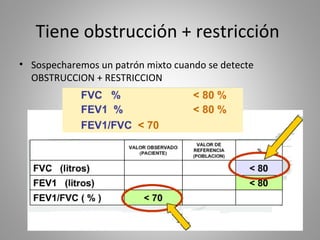 Tiene obstrucción + restricción
• Sospecharemos un patrón mixto cuando se detecte
OBSTRUCCION + RESTRICCION
 