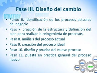 Fase III. Diseño del cambio
• Punto 6. identificación de los procesos actuales
del negocio.
• Paso 7. creación de la estru...