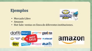Ejemplos
• Mercado	Libre	
• Amazon
• Hot	Sale:	ventas	en	línea	de	diferentes	instituciones.
 