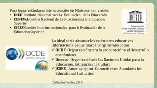 Para	lograr	estándares	internacionales	en	México	se	han	 creado:	
• INEE Instituto	Nacional	para	la	 Evaluación	 de	la	Educación
• CENEVAL Centro	Nacional	de	Evaluación	para	la	Educación	
Superior
• CIEES	Comités	Interinstitucionales	 para	la	Evaluación	de	la	
Educación	Superior
Lo	ideal	sería	alcanzar	los	estándares	educativos	
internacionales	que	marcan	organismos	como
ü OCDE Organización	para	la	cooperación	y	el	Desarrollo	
económicos
ü Unesco Organización	de	las	Naciones	Unidas	para	la	
Educación,	la	Ciencia	y	la	Cultura
ü JCSEE	 American	Joint Committeeon Standards for
Educational Evaluation
(Gallardo	y	Valdés,	2015)
 