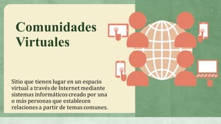 Comunidades
Virtuales
Sitio	que	tienen	lugar	en	un	espacio	
virtual	a	través	de	Internet	mediante	
sistemas	informáticoscreado	por	una	
o	más	personas	que	establecen	
relaciones	a	partir	de	temas	comunes.
 