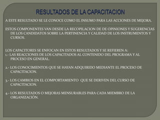 RESULTADOS DE LA CAPACITACION A ESTE RESULTADO SE LE CONOCE COMO EL INSUMO PARA LAS ACCIONES DE MEJORA.ESTOS COMPONENTES VAN DESDE LA RECOPILACION DE DE OPINIONES Y SUGERENCIAS DE LOS CANDIDATOS SOBRE LA PERTINENCIA Y CALIDAD DE LOS INSTRUMENTOS Y CURSOS.LOS CAPACITORES SE ENFOCAN EN ESTOS RESULTADOS Y SE REFIEREN A:1.- LAS REACCIONES DE LOS CAPACITADOS AL CONTENIDO DEL PROGRAMA Y AL PROCESO EN GENERAL.2.- LOS CONOCIMIENTOS QUE SE HAYAN ADQUIRIDO MEDIANTE EL PROCESO DE CAPACITACION.3.- LOS CAMBIOS EN EL COMPORTAMIENTO  QUE SE DERIVEN DEL CURSO DE CAPACITACION.4.- LOS RESULTADOS O MEJORAS MENSURABLES PARA CADA MIEMBRO DE LA ORGANIZACIÓN.