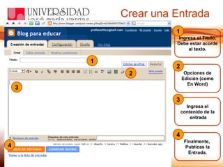 Crear una Entrada 1 2 3 4 Ingresa el Título. Debe estar acorde al texto. Opciones de Edición (como En Word) Ingresa el contenido de la entrada Finalmente,  Publicas la Entrada. 1 2 3 4 