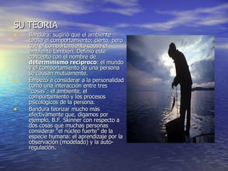 SU TEORIA Bandura: sugirió que el ambiente causa el comportamiento; cierto, pero que el comportamiento causa el ambiente también. Definió este concepto con el nombre de  determinismo recíproco : el mundo y el comportamiento de una persona se causan mutuamente.  Empezó a considerar a la personalidad como una interacción entre tres “cosas”: el ambiente, el comportamiento y los procesos psicológicos de la persona.  Bandura teorizar mucho más efectivamente que, digamos por ejemplo, B.F. Skinner con respecto a dos cosas que muchas personas considerar “el núcleo fuerte” de la especie humana: el aprendizaje por la observación (modelado) y la auto-regulación.  