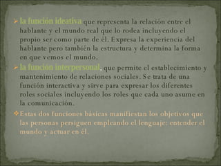 la función ideativa   que representa la relación entre el hablante y el mundo real que lo rodea incluyendo el propio ser como parte de él. Expresa la experiencia del hablante pero también la estructura y determina la forma en que vemos el mundo. la función interpersonal ,  que permite el establecimiento y mantenimiento de relaciones sociales. Se trata de una función interactiva y sirve para expresar los diferentes roles sociales incluyendo los roles que cada uno asume en la comunicación. Estas dos funciones básicas manifiestan los objetivos que las personas persiguen empleando el lenguaje: entender el mundo y actuar en él. 