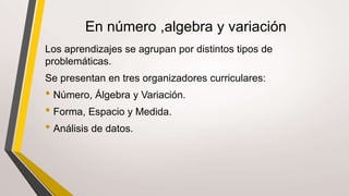 En número ,algebra y variación
Los aprendizajes se agrupan por distintos tipos de
problemáticas.
Se presentan en tres organizadores curriculares:
• Número, Álgebra y Variación.
• Forma, Espacio y Medida.
• Análisis de datos.
 