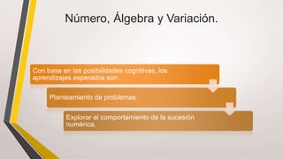 Número, Álgebra y Variación.
Con base en las posibilidades cognitivas, los
aprendizajes esperados son:
Planteamiento de problemas.
Explorar el comportamiento de la sucesión
numérica.
 
