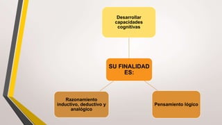 SU FINALIDAD
ES:
Desarrollar
capacidades
cognitivas
Pensamiento lógico
Razonamiento
inductivo, deductivo y
analógico
 