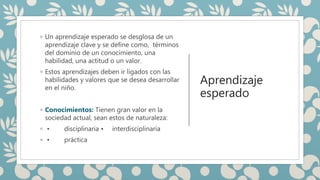 Aprendizaje
esperado
◦ Un aprendizaje esperado se desglosa de un
aprendizaje clave y se define como, términos
del dominio de un conocimiento, una
habilidad, una actitud o un valor.
◦ Estos aprendizajes deben ir ligados con las
habilidades y valores que se desea desarrollar
en el niño.
◦ Conocimientos: Tienen gran valor en la
sociedad actual, sean estos de naturaleza:
◦ • disciplinaria • interdisciplinaria
◦ • práctica
 